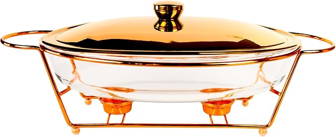 Casserole Dish 13" x 9"Glass Baking Dish with Stainless steel Lid and Golden rack, 2.5 Qt Oval Baking Pan For Casserole & Lasagna, Microwave Dishwasher Freezer Oven Safe