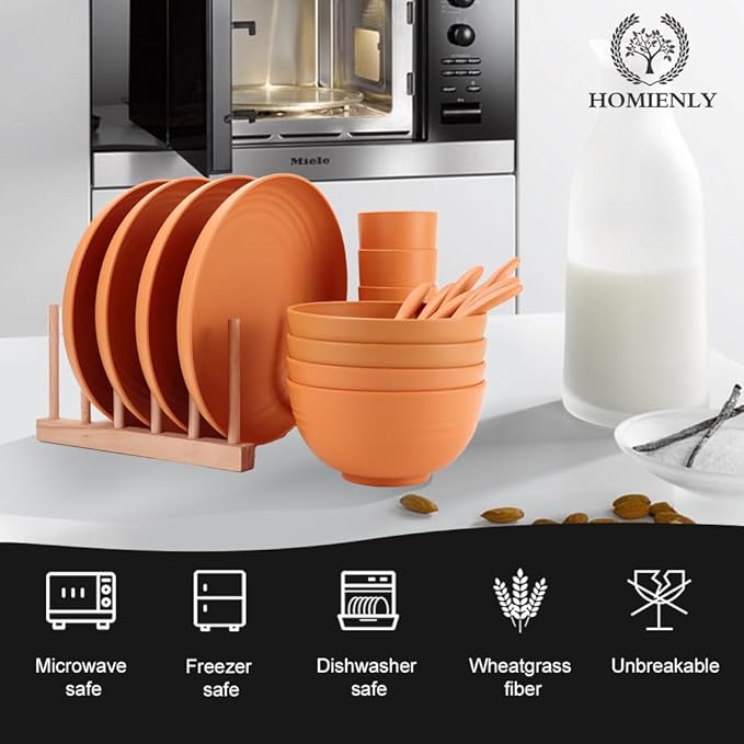 Homienly Wheat Straw Dinnerware Sets, 20pcs Unbreakable Microwave Dishwasher Safe Tableware Lightweight Bowls, Cups, Plates Set Reusable Dinner Plates Bowls set (Orange)