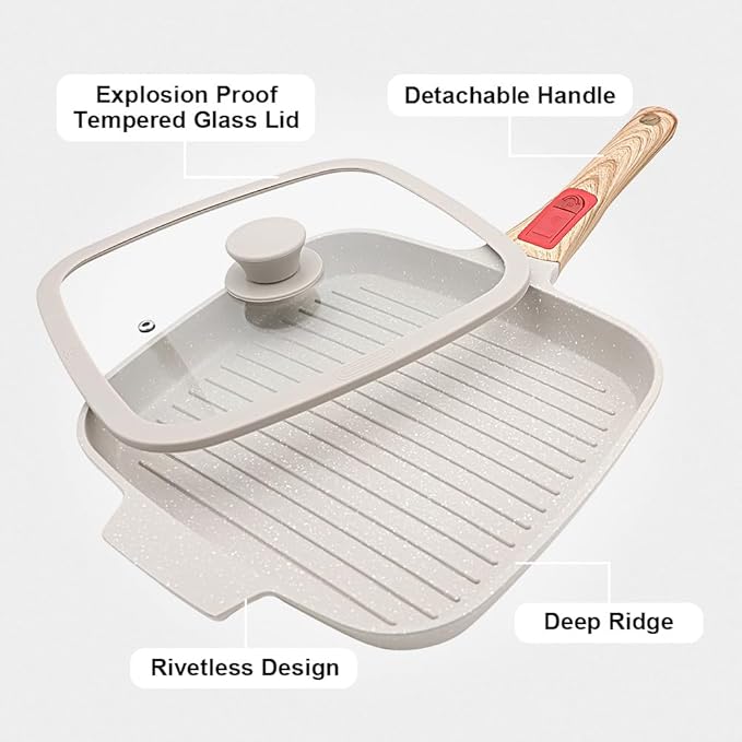 Griddle Pan with Lid, 10 Inch Cast Aluminium Non Stick Steak Pan with Detachable Handle for Induction Hob, White