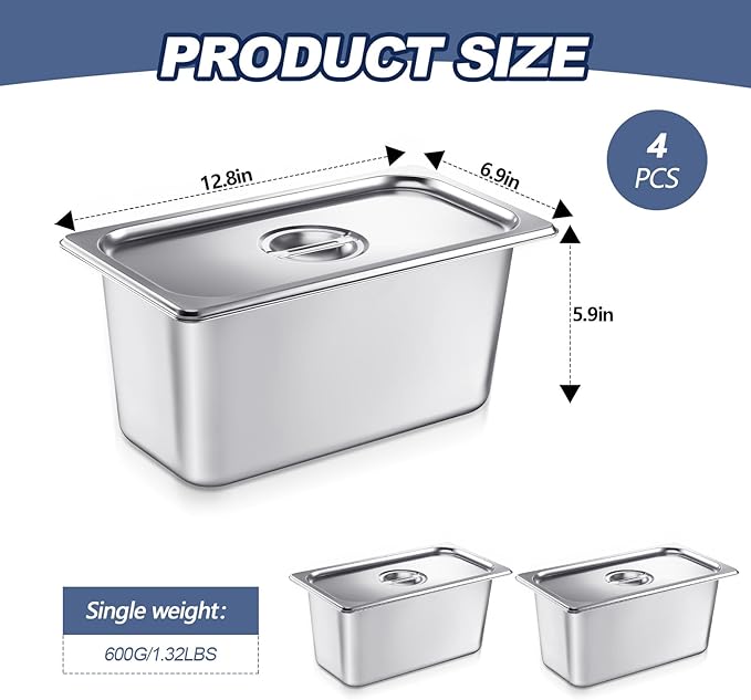 Mifoci 4 Pack Stainless Steam Hotel Pan with Lid, 1/3 Size x 6 Inch Deep Table Steam Pan Restaurant Supplies Reusable Anti Rust Catering Storage for Home, Party, Restaurant, Hotel, Buffet