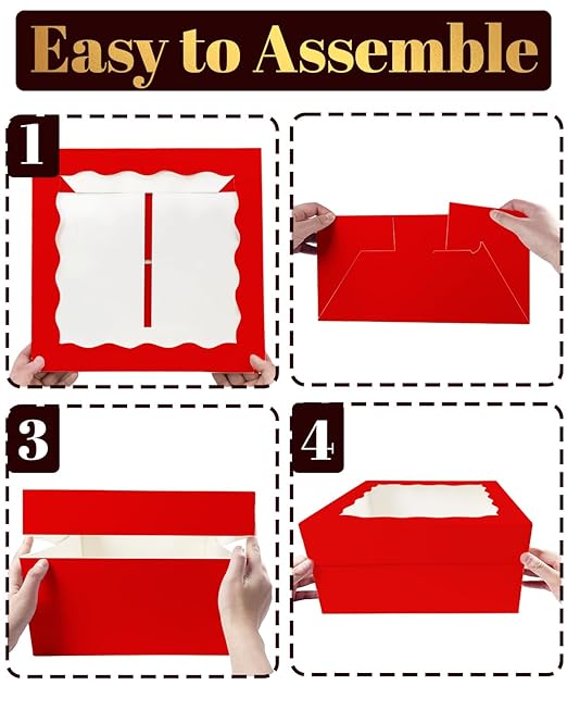 qiqee 12x12x6 Cake Box, 18 Sets Red Cake Box with Window & 18 Sets 12" Red Cake Round Boards, 12inch Cake Containers
