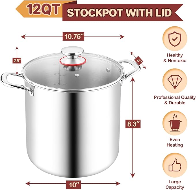 TeamFar 12 Quart Stock Pot, Stainless Steel Tri-ply Stockpot Large Pasta Soup Cooking Pot with Clear Lid, for Induction Gas Electric Ceramic, Healthy & Heavy Duty, Solid Handles & Dishwasher Safe