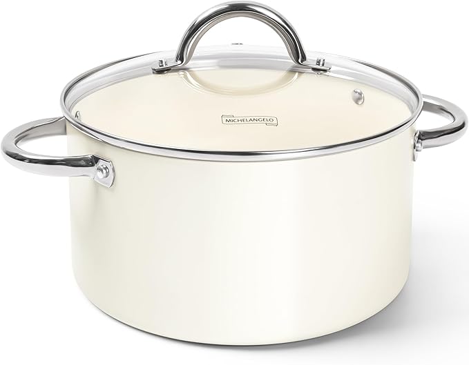 MICHELANGELO Stock Pot with Lid, 6 Quart Soup Pot with Lid for Cooking, Non Stick Ceramic Coating, Stainless Steel Handle, Induction Compatible, Cream