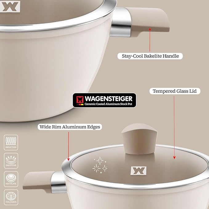 Large Size Aluminum Stock Pot with 7-Layered Ceramic Coating, Non-Stick Surface, Bakelite Stay-Cool Handles,Tempered Glass, Family Meal, Deep Design, 9.95Liter / 10.51Quarts