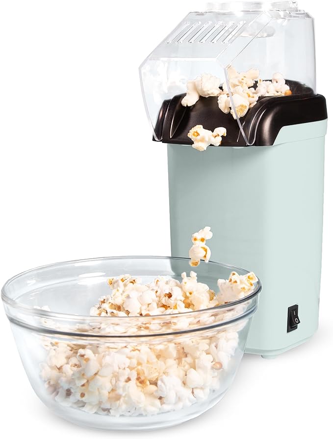 Tasty Hot Air Popcorn Popper, Healthy and Delicious Popcorn in Minutes, Fast and Easy-to-Use, Built-In Measuring Cup and Butter Warmer, 8 Cups, Aqua