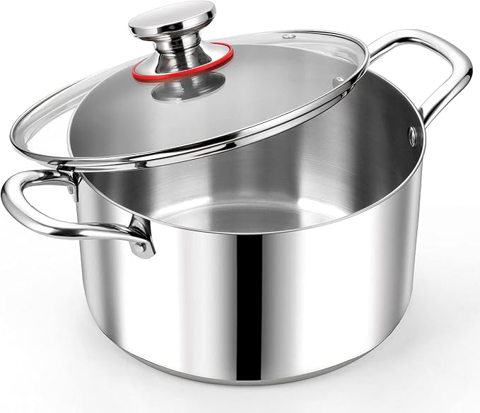 P&P CHEF 8 Quart Tri-Ply Stainless Steel Stock Pot, 8 Qt Stockpot Pasta Cooking Pot with Visible Lid for Soup Vegetable, Induction Cookware for All Stoves, Sturdy & Double Handle, Dishwasher Safe