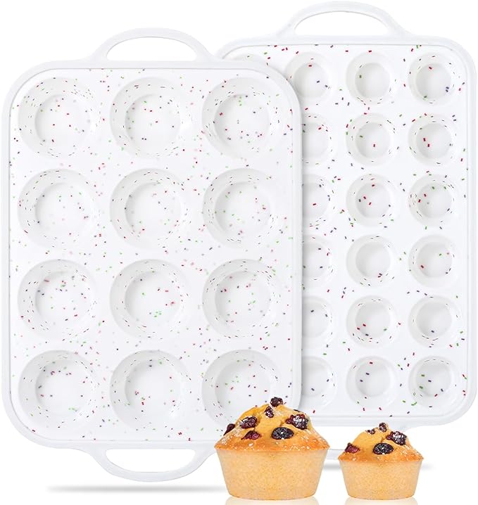 12 Cups & 24 Cups Silicone Muffin Pan with Metal Frame, Regular & Mini Muffin Pan Set for Baking 2 Pack