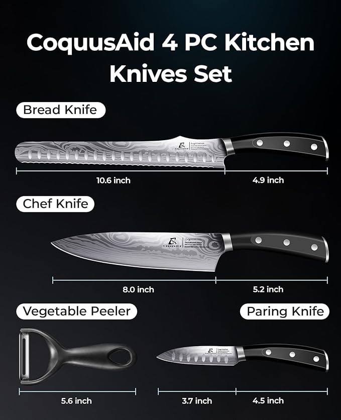 Essential Chef Knife Set, Professional Damascus Pattern Kitchen Knives Set 4 Pcs without Block, German Stainless Steel Sharp, for Bread, Meat Cutting, Fruits, Vegetable, Bbq, Home Cooking, Gift Box