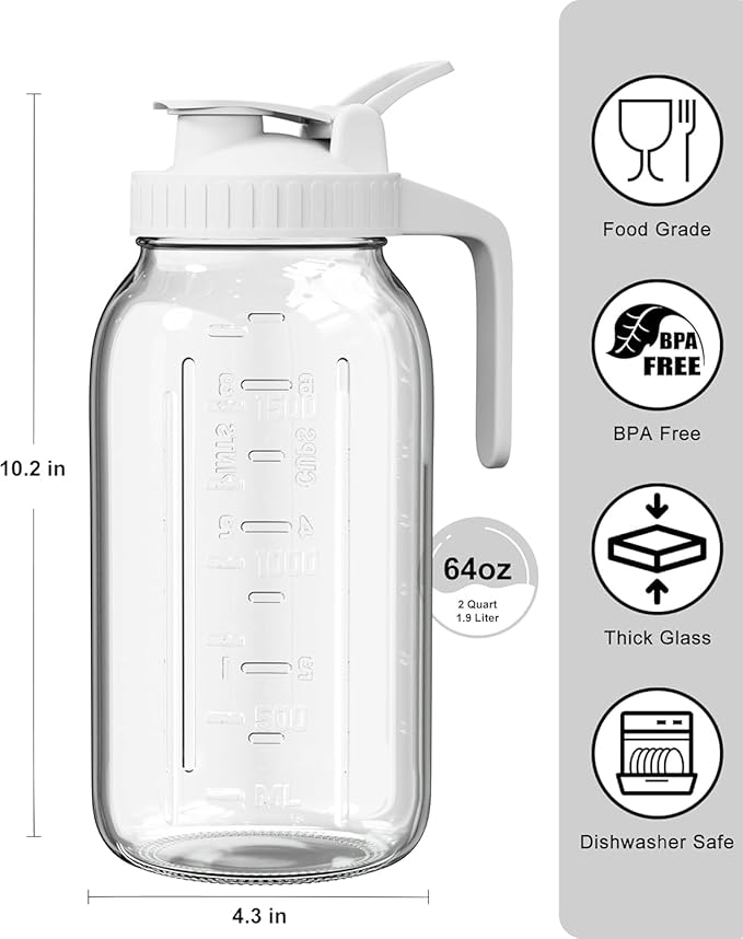 64oz Glass Pitcher, 2 Quart Mason Jar Pitcher with Lid and Spout | Wide Mouth | Airtight | Leakproof | Glass Water Jug for Juice, Sun Iced Tea, Cold Brew Coffee, Milk Storage, White