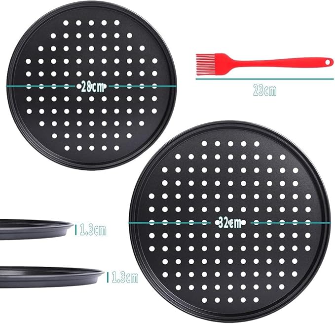 2 Pcs Perforated Pizza tray, Steel Perforated Pizza Pan, Non-Stick Professional Pizza Pan with Oil Brush