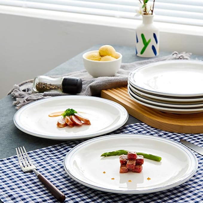 10.5-inch Porcelain Dinner Plate Set of 6 - Microwave, Oven and Dishwasher Safe, Scratch Resistant. (Classic Blue)
