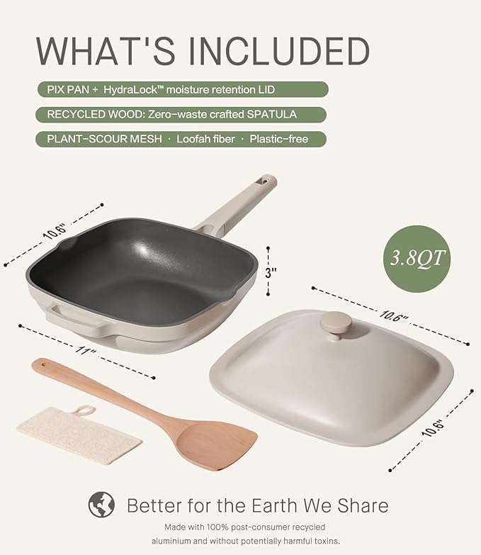 10.5 Inch(3.8QT) Deep Frying Pan,Non Stick Frying Pans Cast Aluminum,Ti-Ceramic Non Toxic Pix Pan with Lid,Natural Wooden Spatula and Loofah Scrubber-Morning Mist