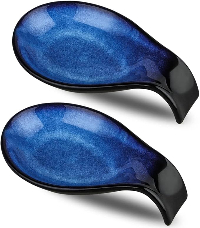 Nihow Ceramic Spoon Rest: 4 Inch Stable Utensil Rest - Heat Resistant Spoon Holder for Kitchen counter/Countertop/Stove Top - Dishwasher Safe - Elegant Black & Blue (Set of 2)