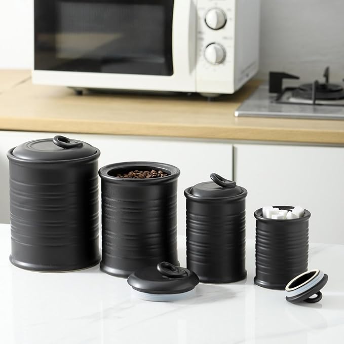 Nihow Food Storage Jar Sets: Ceramic Container with Air Tight Lid for Flour/Sugar/Rice/Coffee/Cookies/Candy - Seal Damp-proof Canister for The Kitchen Counter - Set of 4 (Matte Black)