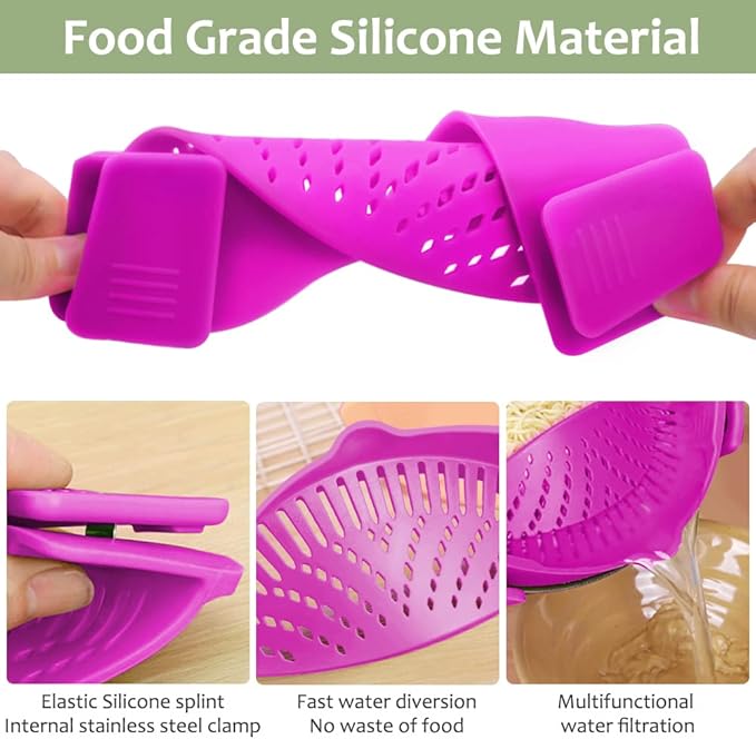 YEVIOR Clip on Strainer for Pots Pan Pasta,Silicone Food Strainer Hands-Free Pan Strainer, Clip-on Kitchen Food Strainer for Spaghetti, Pasta, Ground Beef Fits All Bowls and Pots (Purple)