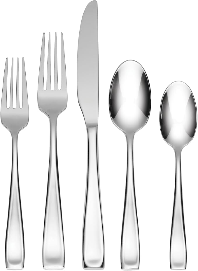 ONEIDA Silverware Set For 12, Moda 75-Piece Fine Flatware Set with Serving Utensils, Service For 12, 18/10 Stainless Steel, Mirror Finish, Dishwasher Safe, Knives Spoons and Forks Set(Silver 75 Piece)