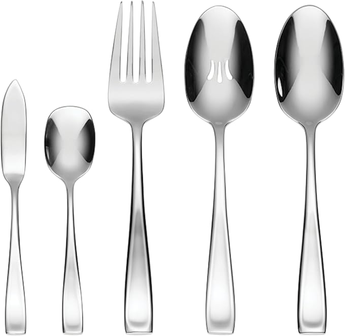 ONEIDA Silverware Set For 12, Moda 65-Piece Fine Flatware Set with Serving Utensils, Service For 12, 18/10 Stainless Steel, Dishwasher Safe For home, Knives Spoons and Forks Set (Silver, 65 pieces)