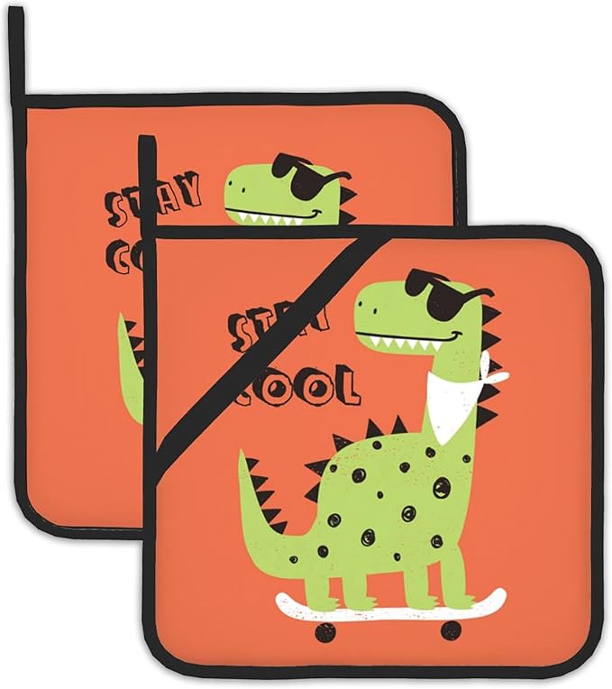 2 Pack Dino Pot Holders for Kitchen Heat Resistant, Cute Dinosaur Potholders for Kitchens Washable for Cooking & Baking & Microwave