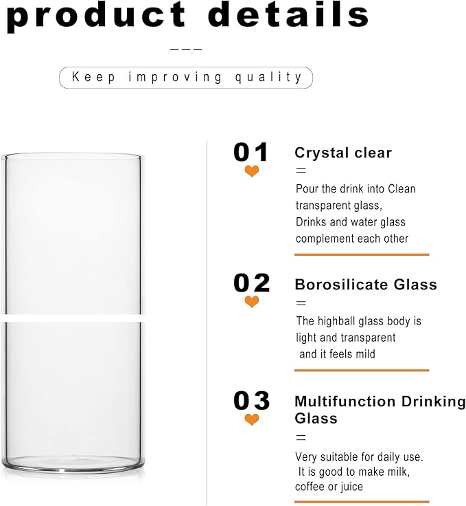 LUXU Drinking Glasses 13 oz, Thin Highball Glasses Set of 4,Elegant Bar Glassware For Water, Juice, Beer, Drinks, and Cocktails and Mixed Drinks,Lead-Free Pint Glasses,Glass Drink Tumblers