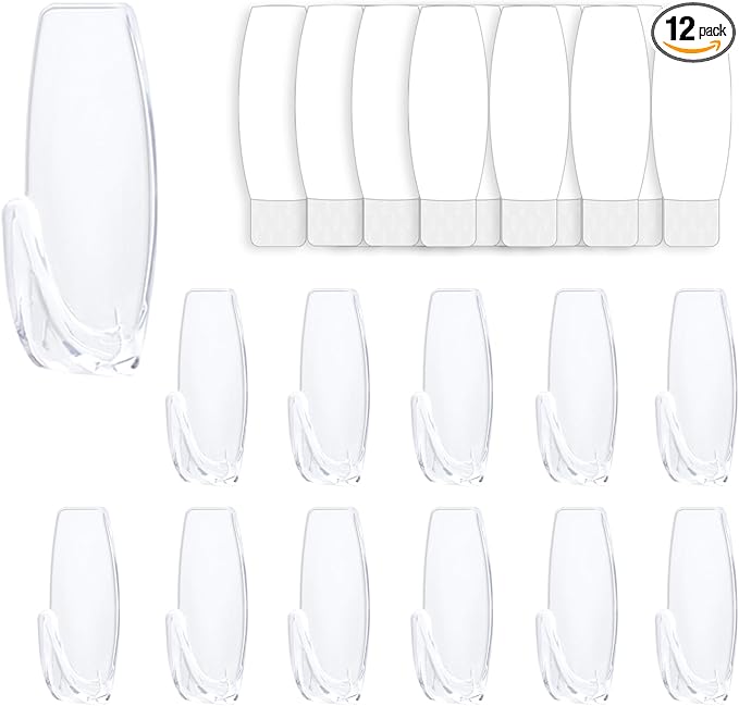 12 Large Wall Hooks for Hanging Heavy Duty, with 16 Removable Strips, Clear Hanger Hooks, Damage-Free Utility Hooks with Adhesive Strips, Plastic Wall Hook for Key, Shower, Towel, Coat, Door, Hat.