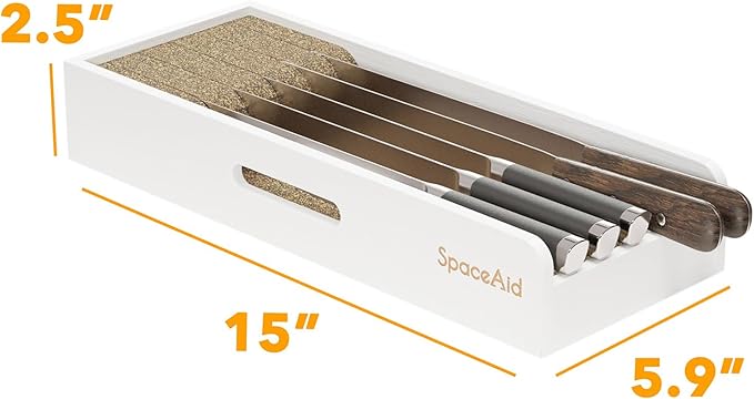 SpaceAid Knife Drawer Organizer Bamboo Insert Dock, Kitchen Steak Knives Holder Organizers Block for Drawer in Storage Organization (Small, White)