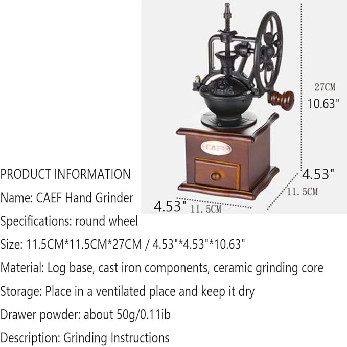 Manual Vintage Style Hand Coffee Grinder, Roller Mill, Cast Iron, Adjustable Grind Thickness