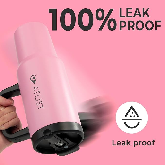 100% Leakproof 40 oz Tumbler with Handle & 4-in-1 SipSwig Lid, Built-In Flip Straw & External Stainless Steel Straw, Insulated Stainless Steel Cup, BPA-Free, Pink & Black
