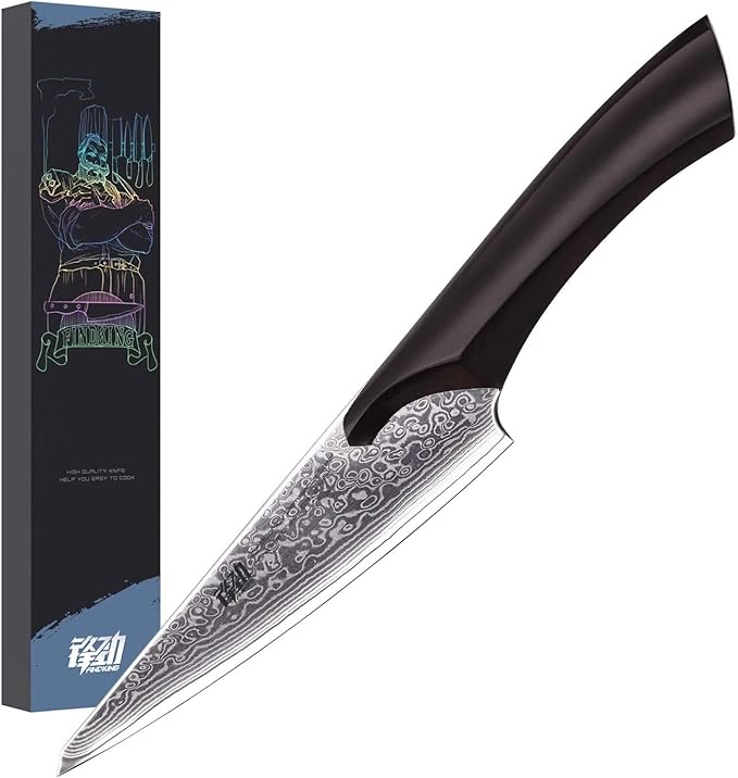 FINDKING 6 Inch Boning Knife, Damascus Steel Skinning Knife, Sharp Meat Knife for Bones (Cheetah Series, w/Ebony Wood Handle)