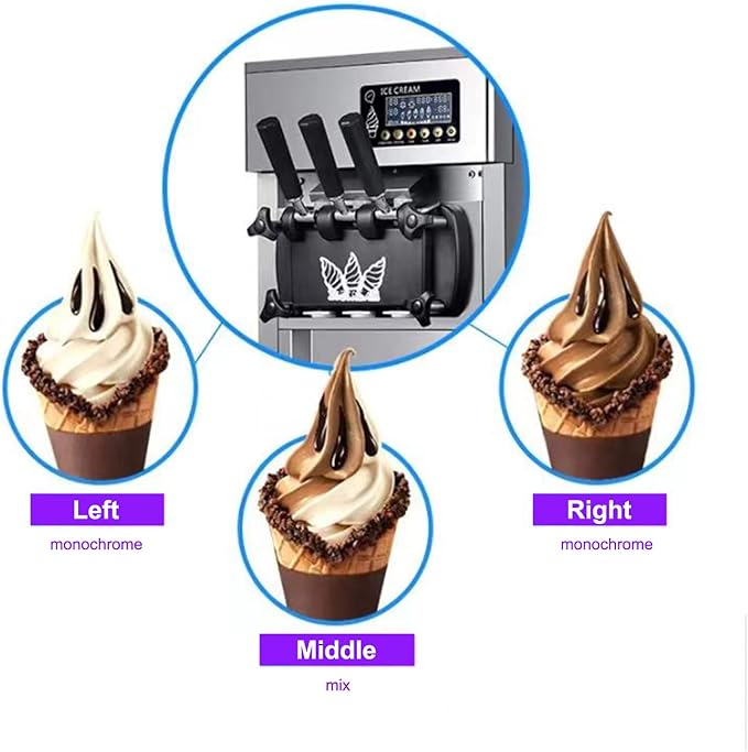 Commercial Soft Serve Ice Cream Machine 3 Flavor Ice Cream Maker Sorbet Frozen Yogurt Gelato LED Display Desktop Type 1200W 110V