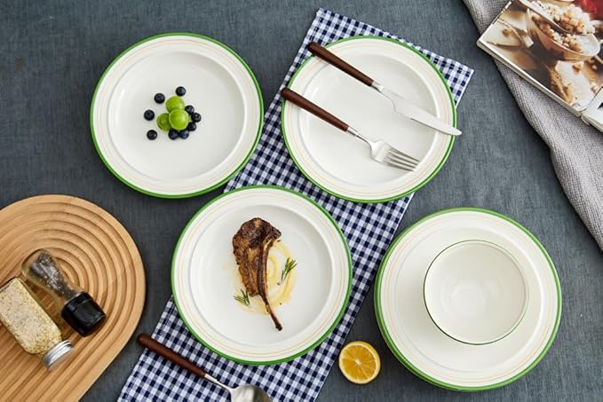 10.5-inch Porcelain Dinner Plate Set of 6 - Microwave, Oven and Dishwasher Safe, Scratch Resistant. (Cozy Green)