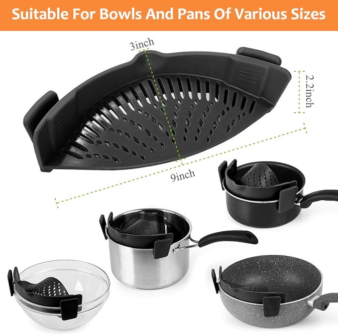YEVIOR Clip on Strainer for Pots Pan Pasta, Silicone Food Strainer Hands-Free Pan Strainer, Clip-on Kitchen Food Strainer for Spaghetti, Pasta, Ground Beef Fits All Bowls and Pots (Black)