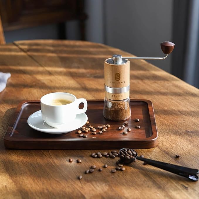 Premium Manual Burr Coffee Grinder - Made with real Beechwood; Hand Coffee Grinder with Stainless Steel Burr Mill; Extra-Fine to Coarse Coffee & Espresso Burr Grinder (Light Brown)