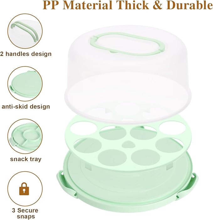 Cake Carrier with Lid and Handle, Cake Stand Cupcake Containers for 10 inch Cake with 2 Handles Cupcake Holder, 3 in 1 Transport Storage Container for Cake Pie Muffin Pizza,Green Round Cake Carriers