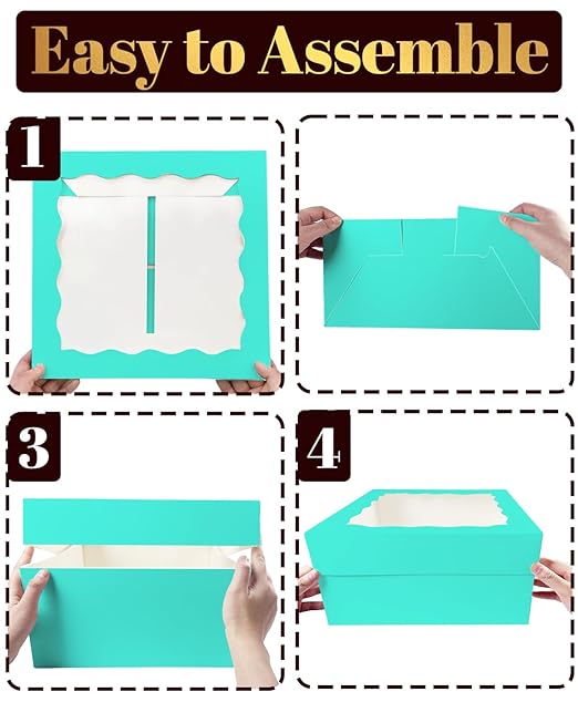qiqee 12x12x6 Cake Box, 18 Sets Mint Blue Cake Box with Window & 18 Sets 12" Mint Blue Cake Round Boards, 12inch Cake Containers