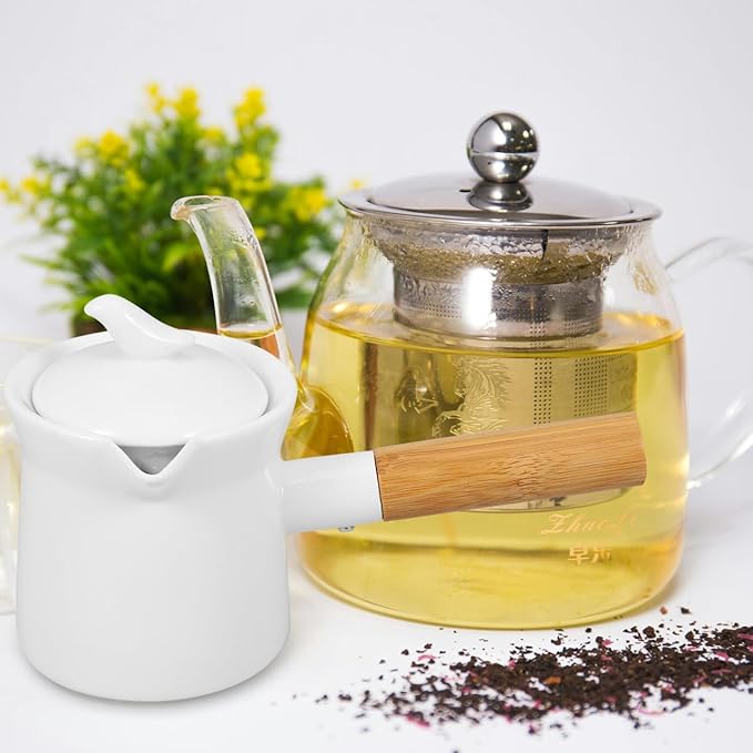 PATKAW Enamel Milk Pan Small Saucepan Enamelware Butter Warmer Mini Cooking Pot with Wooden Handle Lid for Heating Melting Boiling 350ml White