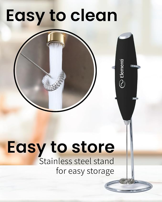 Elementi Electric Milk Frother Handheld - Make Creamy Lattes, Delicious Cappuccinos and Perfect Drinks - Compact Mixer & Coffee Stirrer with Whisk - White