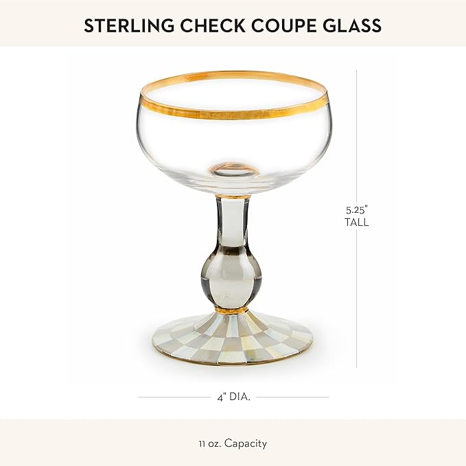 MACKENZIE-CHILDS Coupe Glass, Decorative Stemmed Cocktail Glass, 11 Ounces, Gray-and-White Sterling Check