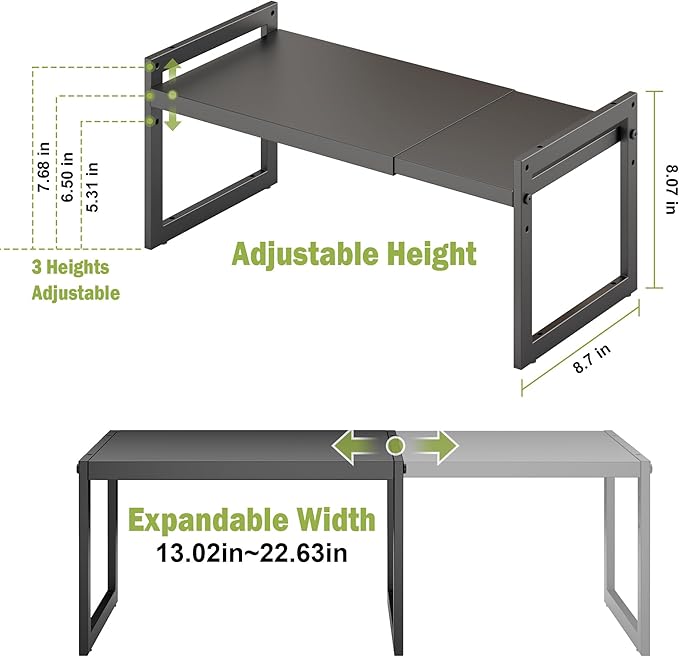DOLALIKE Expandable kitchen Countertop Organizer, Stackable Cabinet Shelf Organizers, Space Saving Spice Rack Pantry Storage for Bathroom Office (Black, 1 Pack)