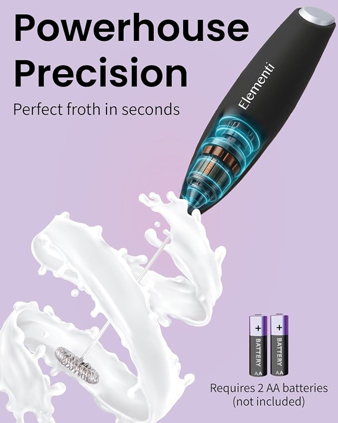 Elementi Electric Milk Frother Handheld - Make Creamy Lattes, Delicious Cappuccinos and Perfect Drinks - Compact Mixer & Coffee Stirrer with Whisk - White