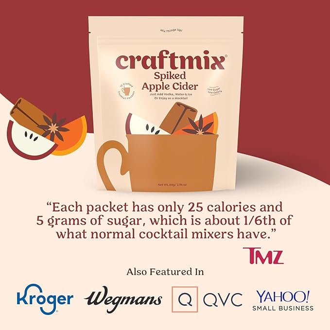 Craftmix Spiked Spiced Apple Cider Mix, Makes 12 Drinks, Vodka Cocktail Mixer, Instant Skinny Cocktail and Mocktail Mix - With Real Fruit - Vegan Low Carb, Low Sugar, Non-GMO, Gluten Free, Easy to Mix