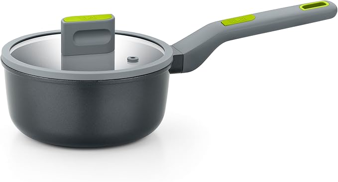 BRA COOKWARE Life Sauce Pan w/Glass Lid | 6.3 inches 1.2 quarts Recycled Cast Aluminum Small Casserole | Ceramic Non-Stick | All Heat Sources Compatible | PFOA Free Sauce Skillet | Soft-Touch Handle