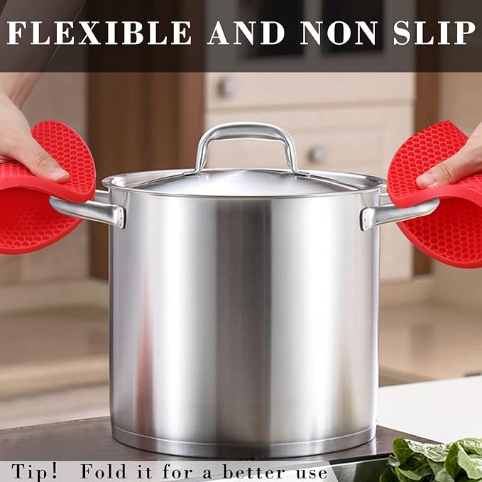 Silicone Trivets for Hot Pots and Pans - 4PCS Heat Resistant Oversized Silicone Pot Holders Hot Pads for Kitchen, Multipurpose Round Trivet Mat, Spoon Holder & Jar Opener, Drying Mat(Red)
