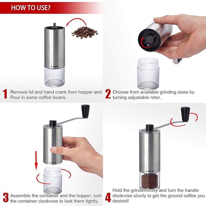 LHS Manual Coffee Grinder with Ceramic Conical Burr Stainless Steel Hand Crank Mill for Drip Coffee, Espresso, French Press, Turkish Brew
