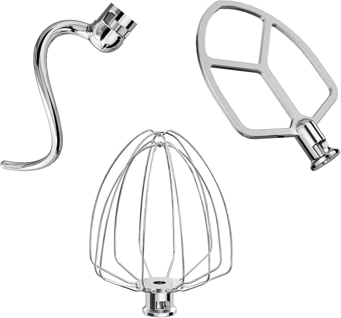 Stainless Steel Attachments 3-Piece for KitchenAid 5.5-6 QT Bowl-Lift Stand Mixer and Mixing Bowl,Includes Wire Whisk, Flat Beater, Dough Hook,Dishwasher Safe and Heavy Duty