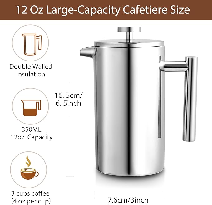 12oz French Press Coffee Maker, 350ml Stainless Steel Double Insulated Cafetiere 3 Cup Espresso Coffee Press, Portable Coffee Plunger Pot for Home, Office, Camping