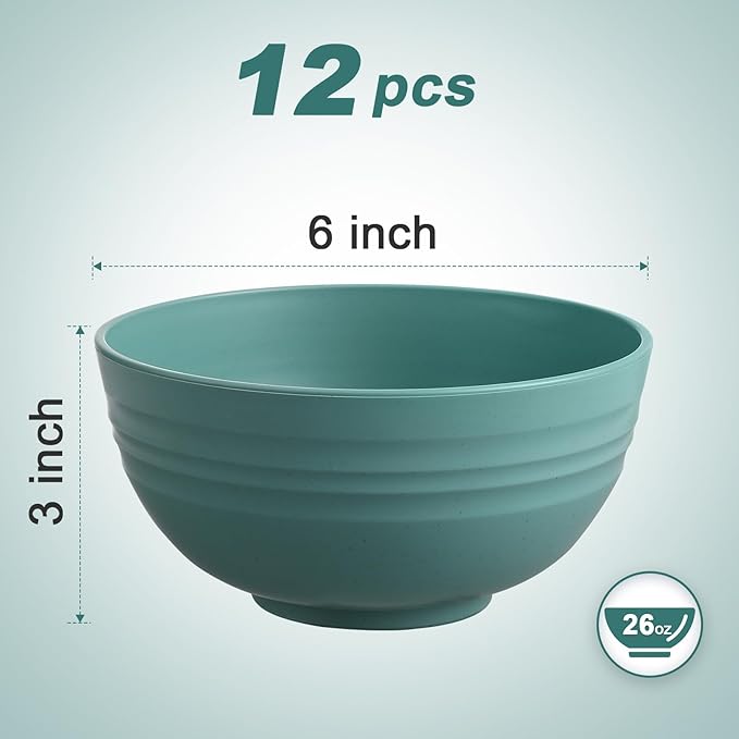 12 Pcs Unbreakable Cereal Bowls Set, 26 Oz Wheat Straw Bowls Set, Microwave & Dishwasher Safe Bowls for Kitchen, Reusable Plastic Bowls for Soup, Salad and Snack, BPA Free, Dark Green