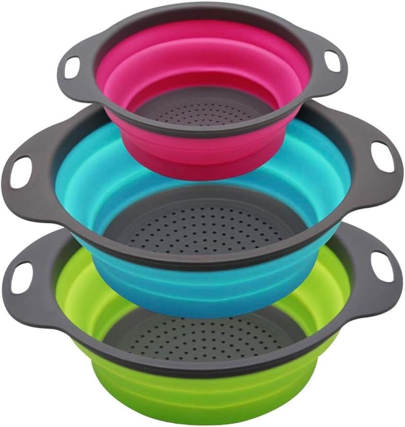 Set of 3 Niklye Ultimate Kitchen Strainers includes 1-10 inch & 2-12 inch. Collapsible Silicone Colanders For Easy Storage - Use with Pasta & Veggies or as a Fruit or Berry Bowl with Strainer., large