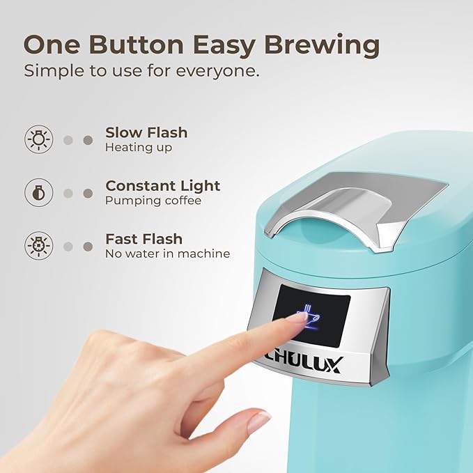 CHULUX Classic Single Serve Coffee Maker for K Cup, One Button Easy Coffee Machine for Office, RV, Travel and Dorm, Cyan