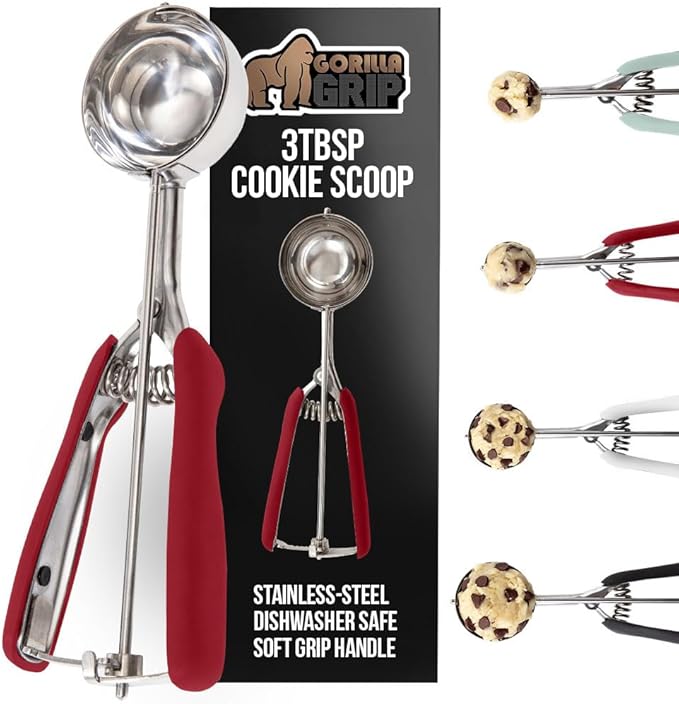 GORILLA GRIP Stainless Steel Cookie Scoop for Baking, 3 TBSP, Multipurpose Melon Baller, Meatball Spring Scoops, Perfect Portion Sizes, Easy Food Release, Scooper Size 20, BPA-Free Kitchen Tool, Red