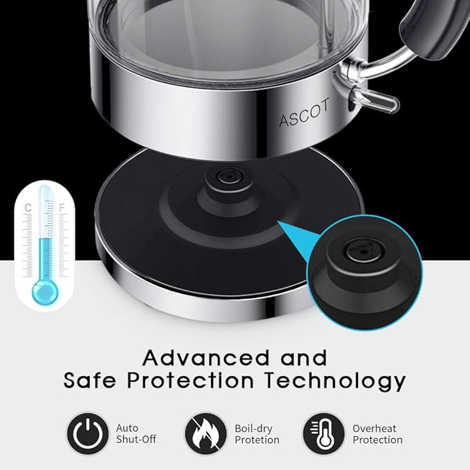 ASCOT Electric Kettle, Glass Electric Tea Kettle Gifts for Men/Women/Family 1.5L 1500W Borosilicate Glass Tea Heater, with Auto Shut-Off and Boil-Dry Protection (Silver)